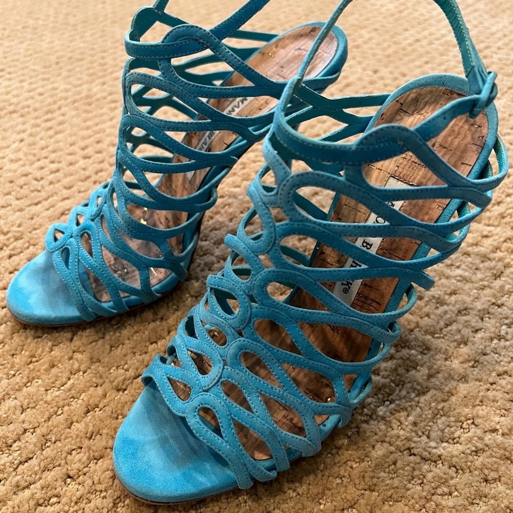Baby's got MANOLO BLAHNIK  Teal Suede Multistrap Sandals Size: 7 | IT 37 - Picture 9 of 9